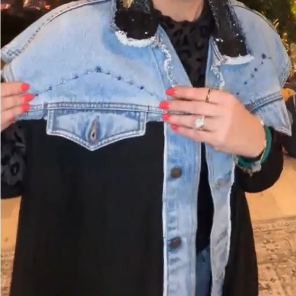 Sleeveless denim & black chiffon long sequin jacket duster high low custom flowy - Picture 3 of 14